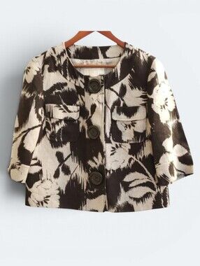 Michael Kors Linen Floral brown tan jacket blazer oversized buttons Size S